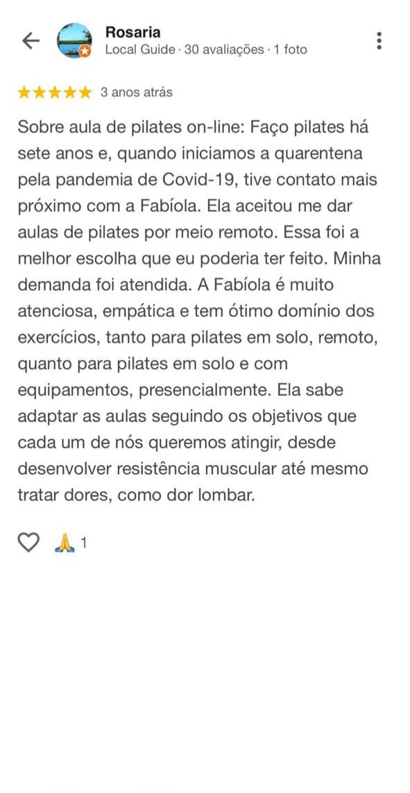 Avaliação 5 estrelas no Google de Rosaria elogiando as aulas de Pilates online da Fabíola