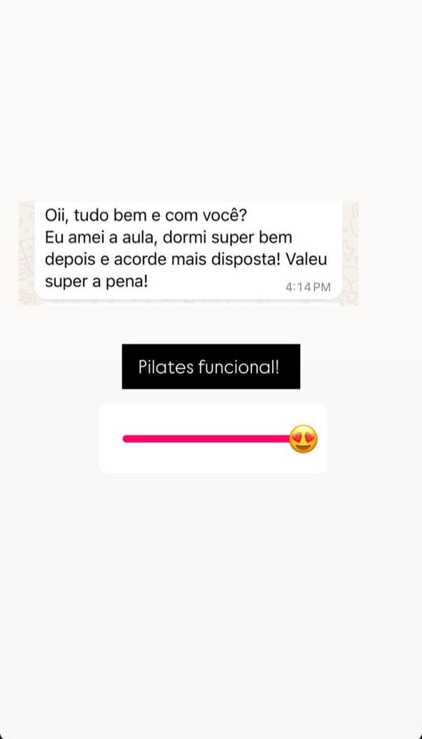 Mensagem de aluna no WhatsApp dizendo que amou a aula, dormiu bem e acordou mais disposta